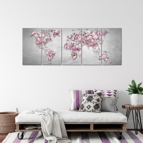 Runa Art Wandbild XXL Weltkarte Blumen Wohnzimmer Schlafzimmer 200 x 80 cm Grau Rosa 5 Teilig - Made in Germany - 023255a