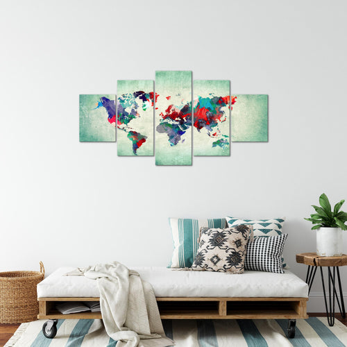 Runa Art Bild Büro Wohnzimmer Weltkarte 5 Teilig Kontinente Bunt Grün Wandbilder auf Vlies Leinwand 105153b