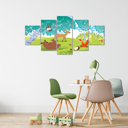Runa Art Bild Spielzimmer Baby Waldtiere 5 Teilig Kinderzimmer Junge Mädchen Wandbilder auf Vlies Leinwand 001853c