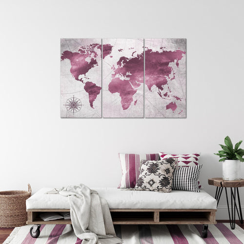 Runa Art Wandbilder Weltkarte Bild XXL Büro Wohnzimmer Pink Vintage Antik 120 x 80 cm 3 Teilig 026031b
