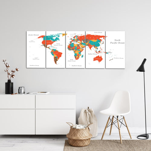 Runa Art Wandbilder XXL Weltkarte Wohnzimmer Schlafzimmer Büro 200L x 80B cm Weltkarte 5 Teilig - Made in Germany - 057255a