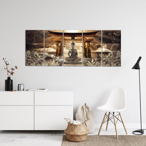 Runa Art Wandbild XXL Feng Shui Buddha Wohnzimmer Schlafzimmer 200 x 80 cm Braun 5 Teilig - Made in Germany - 036455b