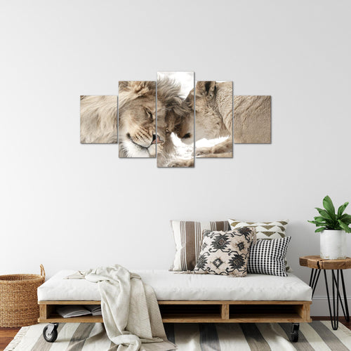 Runa Art Bild Wohnzimmer Schlafzimmer Löwen Liebe 5 Teilig Löwe und Löwin Beige Wandbilder auf Vlies Leinwand 002153b