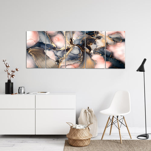 Runa Art Wandbild XXL Abstrakt Wohnzimmer Schlafzimmer 200 x 80 cm blau rosa Gold 5 Teilig - Made in Germany - 043855a