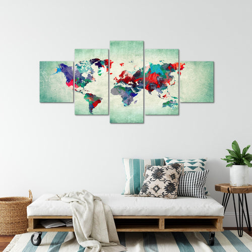 Runa Art - Bilder Weltkarte 200 x 100 cm 5 Teilig XXL Wanddekoration Design Bunt Grün 105151b