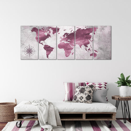 Runa Art Wandbild XXL Weltkarte Büro Wohnzimmer 200 x 80 cm Pink 5 Teilig - Made in Germany - 026055b