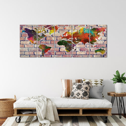 Runa Art Wandbild XXL Weltkarte Büro Wohnzimmer 200 x 80 cm Rot Bunt 5 Teilig - Made in Germany - 106955c