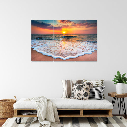 Runa Art Wandbilder Strand Meer Bild XXL Wohnzimmer Schlafzimmer Orange Sonnenuntergang 120 x 80 cm 3 Teilig 044531a