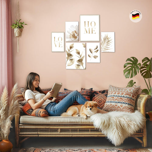 Novart Wandbilder Set Boho Gold Blätter Home - KEIN EXTRA RAHMEN BENÖTIGT -  Modern Deko  - Wohnzimmer Schlafzimmer N021563a