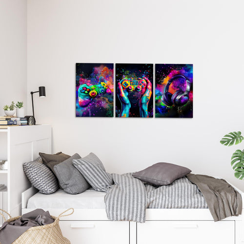 Runa Art - Bilder Gamer 40 x 60 cm - 3 Bilder 3 Teilig Wandbild auf Vlies Leinwand Controller Mehrteilig Modern 055536a