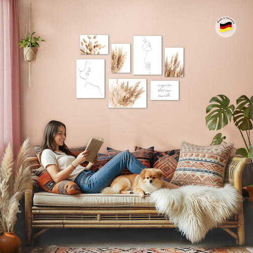 Novart Wandbilder Boho Pampasgras - KOMPLETT AUFHÄNGFERTIG - Line Art Wohnzimmer Schlafzimmer - 7 Moderne Mood-Bilder - N012471a