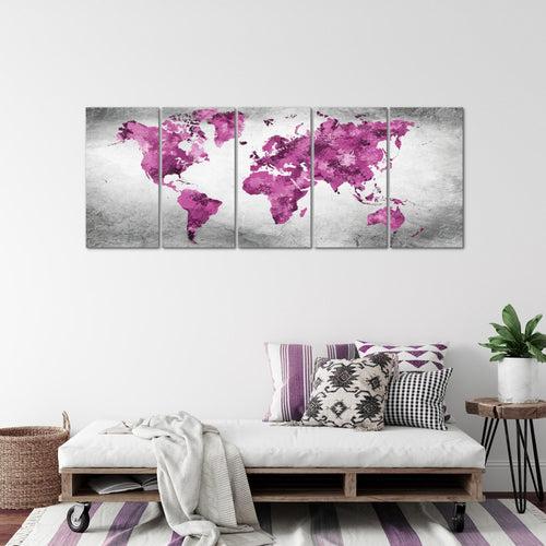 Runa Art Wandbild XXL Weltkarte Büro Wohnzimmer 200 x 80 cm Rosa Grau 5 Teilig - Made in Germany - 013355c