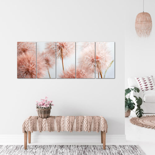 Runa Art Wandbild XXL Blumen Pusteblumen Wohnzimmer Schlafzimmer 200 x 80 cm Grau Rosa 5 Teilig - Made in Germany - 042055a