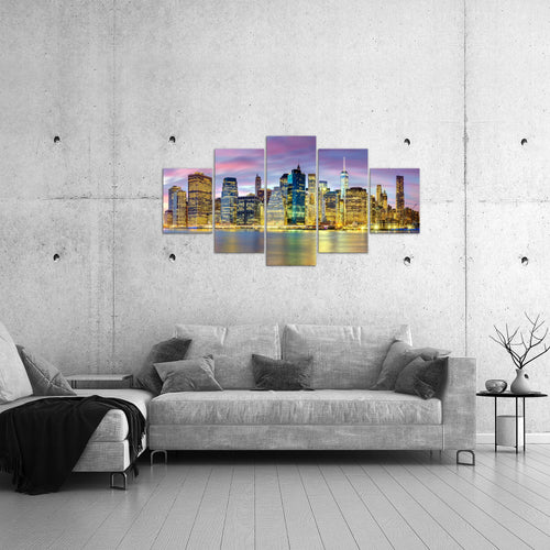 Runa Art Bild Wohnzimmer Büro New York City 5 Teilig Amerika NY Lila Bunt Wandbilder auf Vlies Leinwand 010053c