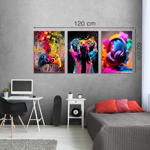 Novart Bilder Set Gamer - KEIN EXTRA RAHMEN BENÖTIGT - Wandbilder für Kinderzimmer - 3 Teilig Deko Videospiel - N041236a