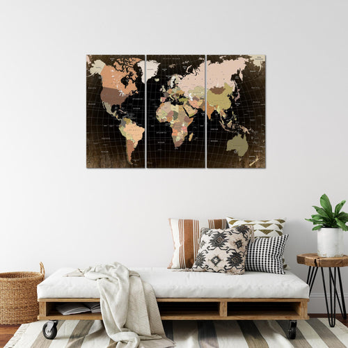 Runa Art Wandbilder Weltkarte Bild XXL Büro Wohnzimmer Schwarz Braun Kontinente 120 x 80 cm 3 Teilig 023331a