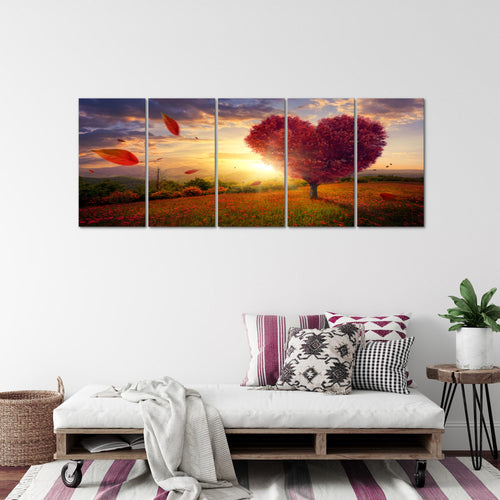 Runa Art Wandbild XXL Herbst Baum Herz Wohnzimmer Schlafzimmer 200 x 80 cm Rot Blau 5 Teilig - Made in Germany - 605855a