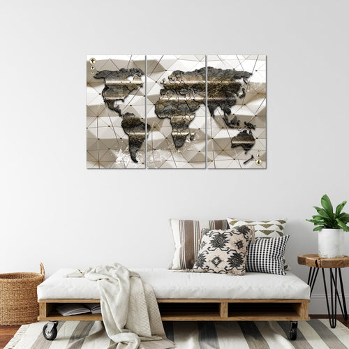 Runa Art Wandbilder Weltkarte Bild XXL Büro Wohnzimmer Braun 3D Effekt 120 x 80 cm 3 Teilig 005231a