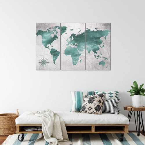 Runa Art Wandbilder Weltkarte Bild XXL Büro Wohnzimmer Grün Grau Vintage 120 x 80 cm 3 Teilig 026031c