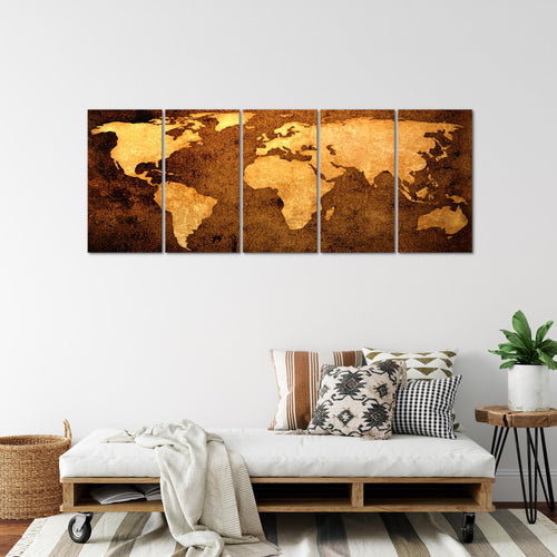 Runa Art Wandbild XXL Weltkarte Büro Wohnzimmer 200 x 80 cm Gold 5 Teilig - Made in Germany - 101755a