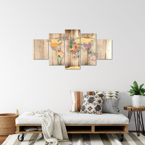 Runa Art Bild Büro Wohnzimmer Weltkarte Holz 5 Teilig Kontinente Biege Wandbilder auf Vlies Leinwand 108753a