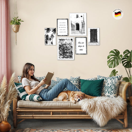 Novart Wandbilder Set Alte Stadt Palmen Schwarz Weiss - KEIN EXTRA RAHMEN BENÖTIGT -  Modern Deko  - Wohnzimmer Schlafzimmer N015063a