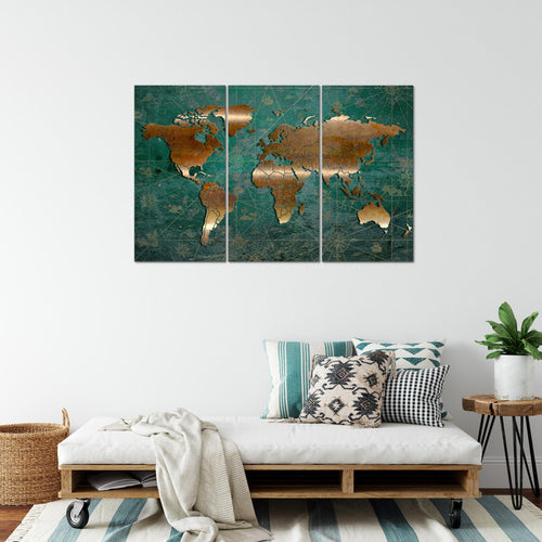 Runa Art Wandbilder Weltkarte Bild XXL Büro Wohnzimmer Grün Braun Antik 120 x 80 cm 3 Teilig 109031b