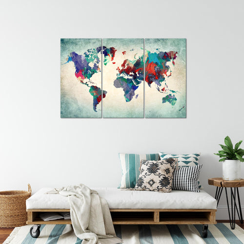 Runa Art Wandbilder Weltkarte Bild XXL Büro Wohnzimmer Bunt Grün Kontinente 120 x 80 cm 3 Teilig 105131b