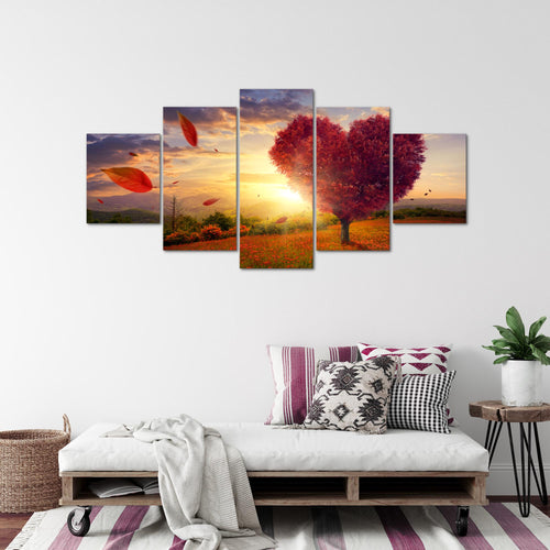 Runa Art - Bilder Herbst Baum Herz 200 x 100 cm 5 Teilig XXL Wanddekoration Design Rot Blau 605851a