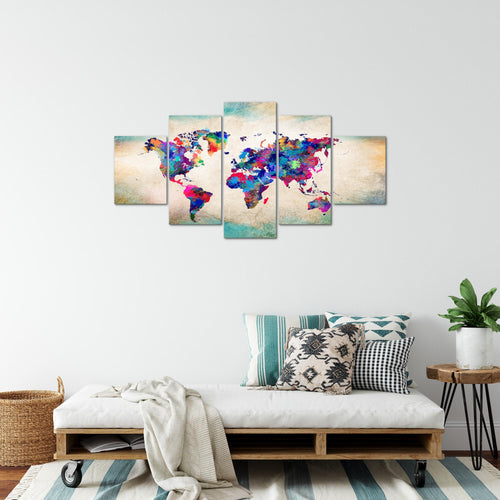 Runa Art Bild Büro Wohnzimmer Weltkarte 5 Teilig Vintage Kontinente Bunt Wandbilder auf Vlies Leinwand 013353a