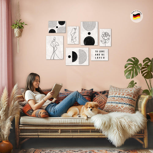 Novart Wandbilder Line Art - KOMPLETT AUFHÄNGFERTIG - Boho grau Wohnzimmer Schlafzimmer - 7 Moderne Mood-Bilder - N028271a