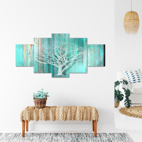 Runa Art - Bilder Baum Abstrakt 200 x 100 cm 5 Teilig XXL Wanddekoration Design Türkis Grau 039951c