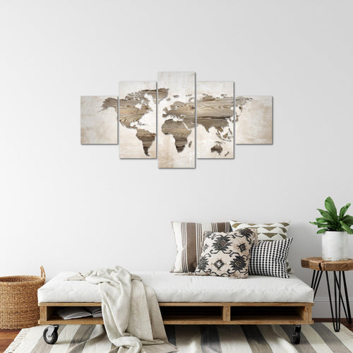 Runa Art Bild Büro Wohnzimmer Weltkarte 5 Teilig Abstrakt Beige Braun Wandbilder auf Vlies Leinwand 035053a