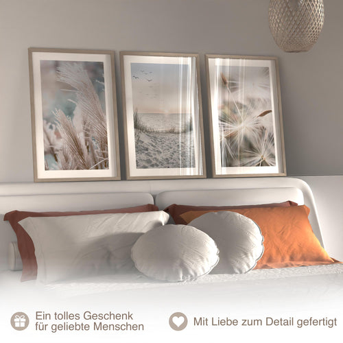 Novart Wandbilder mit Rahmen Strand Meer Boho - Wohnzimmer Schlafzimmer Flur Wanddeko - 3 Bilder Set Blau Beige - N133836aR1