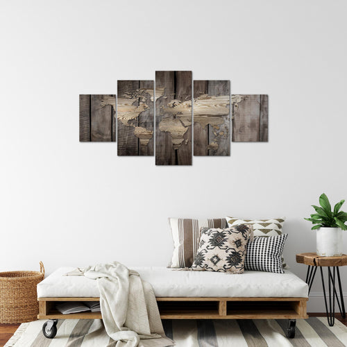 Runa Art Bild Büro Wohnzimmer Weltkarte 5 Teilig Holzoptik Beige Braun Wandbilder auf Vlies Leinwand 035053b