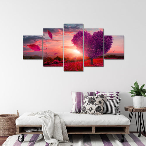 Runa Art - Bilder Herbst Baum Herz 200 x 100 cm 5 Teilig XXL Wanddekoration Design Lila Violett 605851b