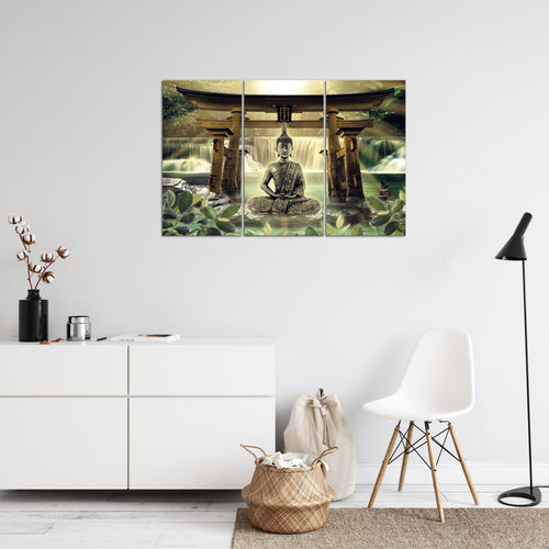 Runa Art Wandbilder Feng Shui Buddha Bild XXL Wohnzimmer Schlafzimmer Grün Braun Spa 120 x 80 cm 3 Teilig 036431a