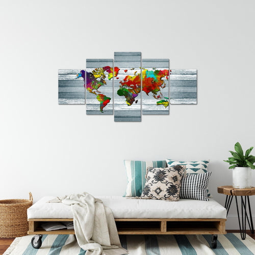 Runa Art Bild Büro Wohnzimmer Weltkarte 5 Teilig Kontinente Holz Bunt Wandbilder auf Vlies Leinwand 105453c