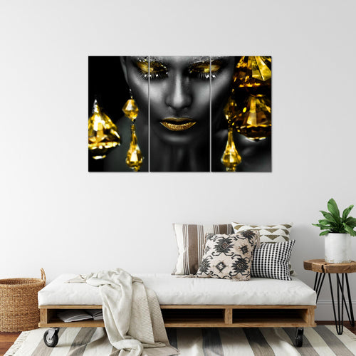 Runa Art Wandbilder Frau Gesicht Lippen Bild XXL Wohnzimmer Schlafzimmer Schwarz Gold Kosmetik Fashion 120 x 80 cm 3 Teilig 042131c