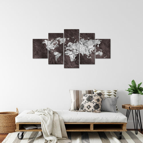 Runa Art Bild Büro Wohnzimmer Weltkarte 5 Teilig Landkarte Beton Braun Wandbilder auf Vlies Leinwand 002953b