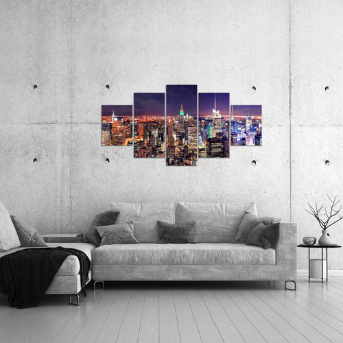 Runa Art Bild Wohnzimmer Büro New York Skyline 5 Teilig Städte Violett Lila Wandbilder auf Vlies Leinwand 036253a