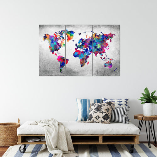 Runa Art Wandbilder Weltkarte Bild XXL Büro Wohnzimmer Bunt Vintage Kontinente 120 x 80 cm 3 Teilig 013331b