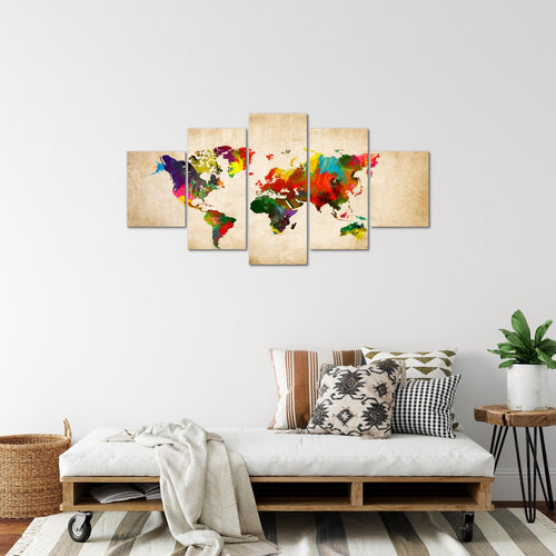 Runa Art Bild Büro Wohnzimmer Weltkarte 5 Teilig Kontinente Landkarte Bunt Wandbilder auf Vlies Leinwand 105153a