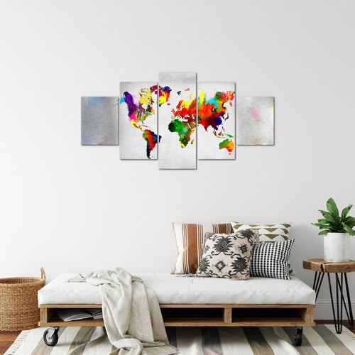 Runa Art Bild Büro Wohnzimmer Weltkarte 5 Teilig Kontinente Beton Bunt Wandbilder auf Vlies Leinwand 108853a