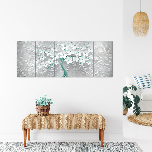 Runa Art Wandbild XXL Blumen Wohnzimmer Schlafzimmer 200 x 80 cm Weiss Türkis 5 Teilig - Made in Germany - 039755b