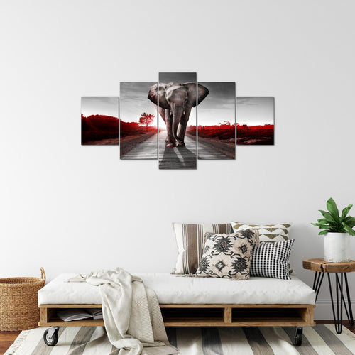 Runa Art Bild Wohnzimmer Schlafzimmer Afrika Elefant 5 Teilig Tiere Rot Grau Wandbilder auf Vlies Leinwand 042653b