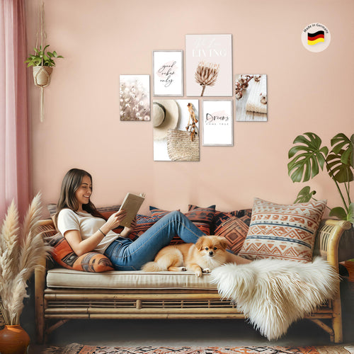 Novart Wandbilder Set Boho Pampasgras Beige Rosa - KEIN EXTRA RAHMEN BENÖTIGT -  Modern Deko  - Wohnzimmer Schlafzimmer N006663a