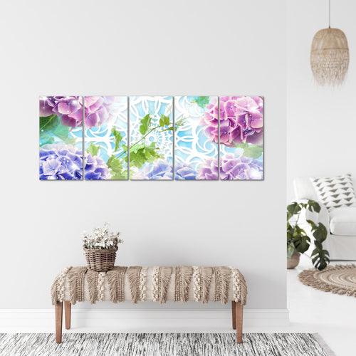 Runa Art Wandbild XXL Blumen Hortensien Wohnzimmer Schlafzimmer 200 x 80 cm Bunt 5 Teilig - Made in Germany - 017555b