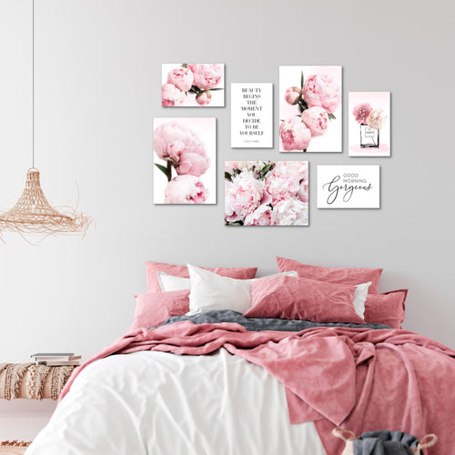 Novart Wandbilder Fashion Blumen - KOMPLETT AUFHÄNGFERTIG - Rosa Wohnzimmer Mädchen Teenager - 7 Moderne Mood-Bilder - N009471a