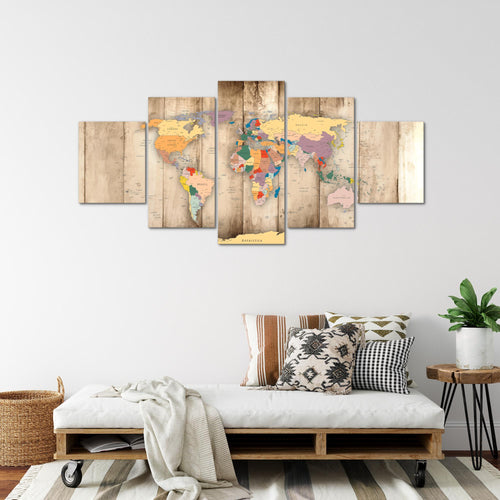 Runa Art - Bilder Weltkarte Holz 200 x 100 cm 5 Teilig XXL Wanddekoration Design Biege 108751a